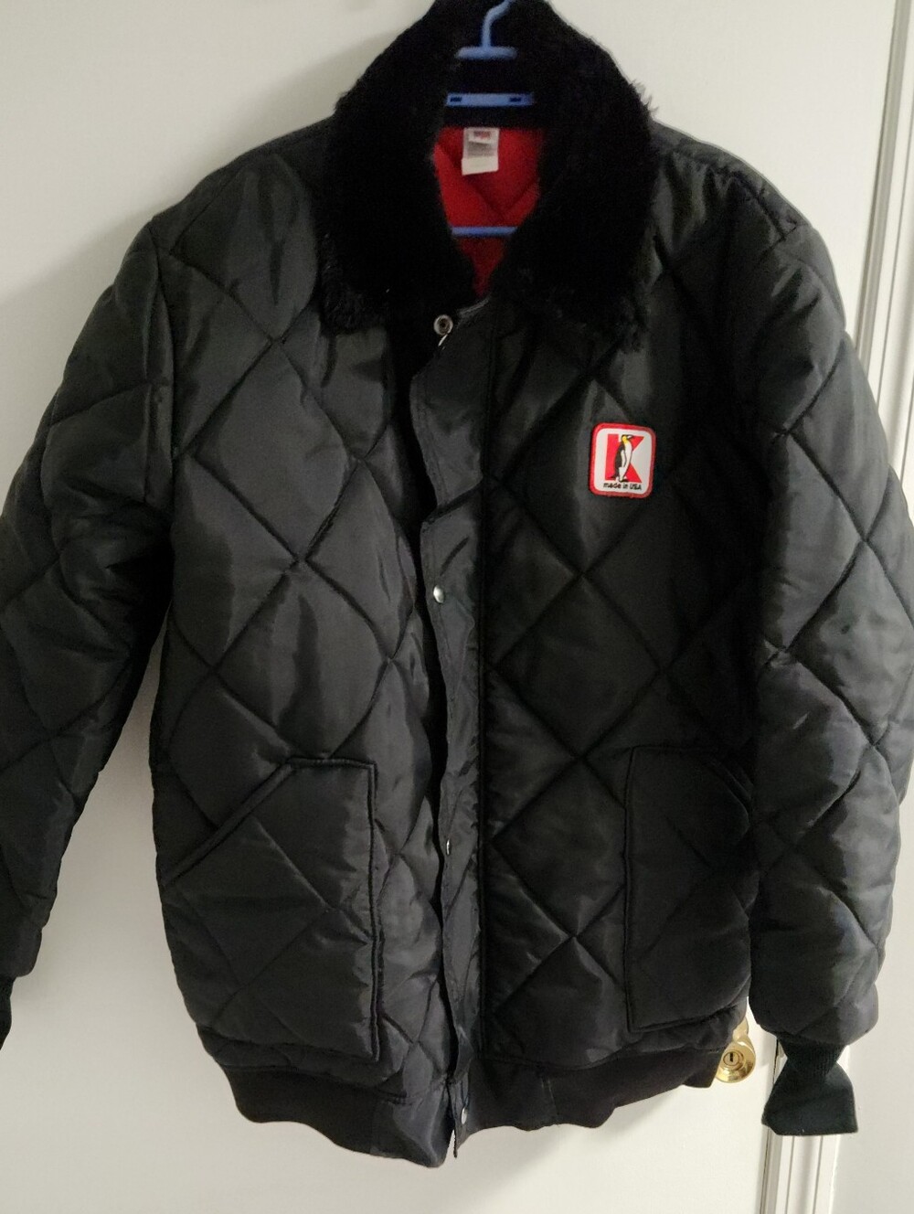 K-Penguin Vintage 80' Quilted Black Jacket with Faux Fur Collar, Size Xl